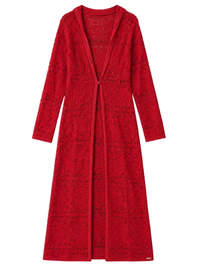 Blugirl Open-knit Long V-neck Cardigan In Red