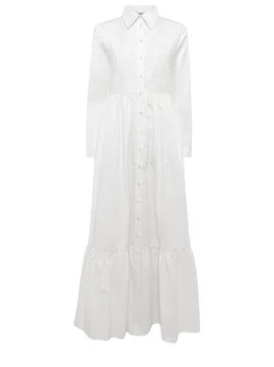 Blugirl Long White Dress With Button-down Front And Gathered Waistline