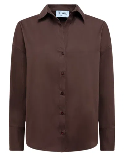 Blugirl Poplin Cotton Shirt With Lace Detail And Split Back In Brown