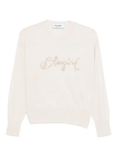 BLUGIRL RELAXED FIT WHITE SWEATER WITH SEQUIN SCRIPT LOGO