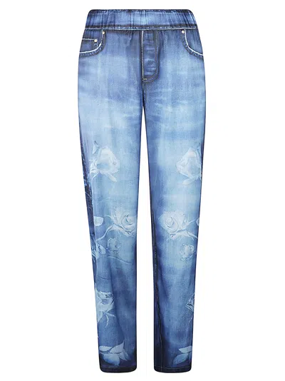 Blugirl Rose Print Elastic Waist Trousers In Denim