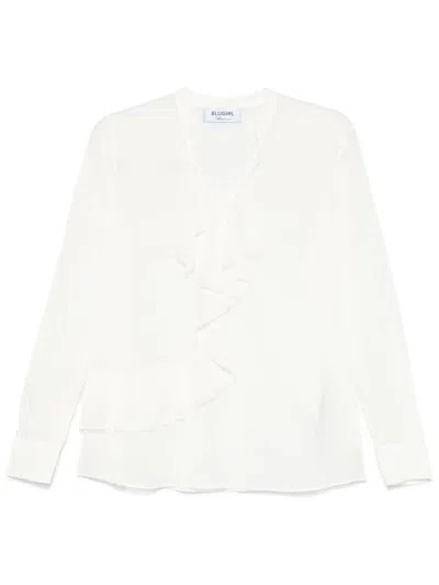 Blugirl Kids' Semi Trasparent Blouse In White Silk With Rouches