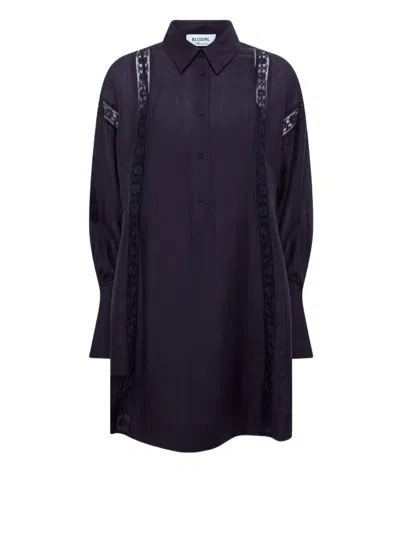 Blugirl Short Lyocell Dress With Lace Trims And Shirt Collar In Blue