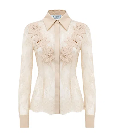 Blugirl Slim Lace Shirt With Embroidery In Beige