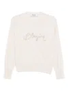 Blugirl Relaxed Fit White Sweater With Sequin Script Logo In Metallic