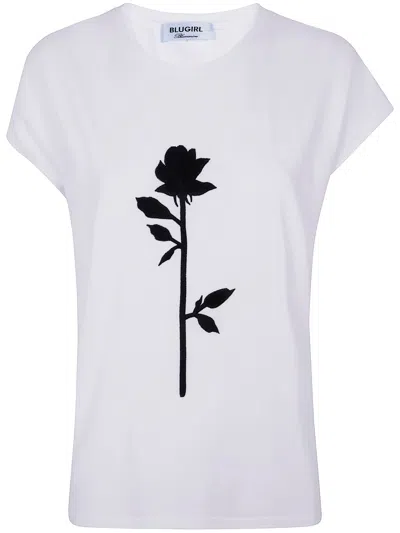 Blugirl T-shirt Cotton Stretch Rose Embroidered In White