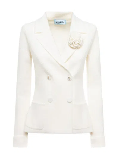 BLUGIRL TAILORED DOUBLE-BREASTED JACKET WITH TEXTURED FABRIC AND DECORATIVE FLOWER