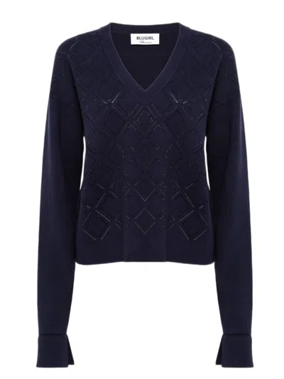 Blugirl Textured Cropped Sweater With Deep V-neckline In Blue
