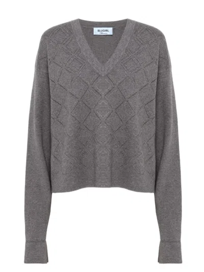 BLUGIRL V-NECK GREY SWEATER WITH SUBTLE DIAMOND PATTERN