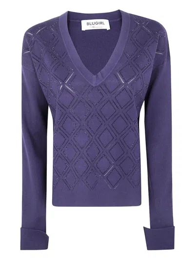 BLUGIRL V-NECK SWEATER WITH RHOMBUS PATTERN AND EMBELLISHED DETAILING