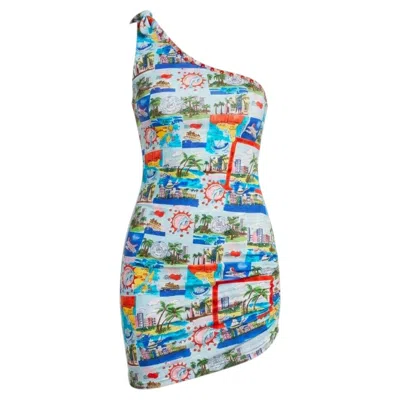 Pre-owned Blugirl Y2k  By Blumarine Miami Postcard Print Asymmetric Dress In Gray