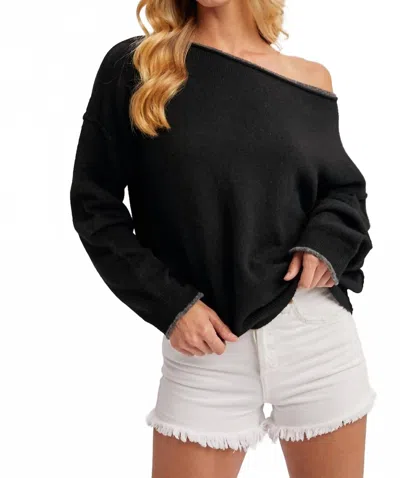 Bluivy Boat Neck Rolled Trim Soft Heathered Knit Pullover Sweater In Black
