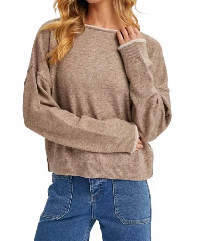 Bluivy Boatneck Rolled Trim Heathered Knit Pullover In Latte In Brown