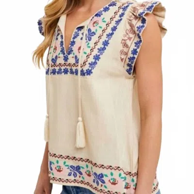 Bluivy Boho Embroidered Ruffled Sleeve Tasseled Drawstring Top Linen Blend In Cream In Neutral