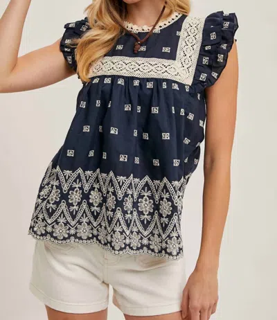 Bluivy Boho Floral Embroidered Baby Doll Blouse In Navy In Blue