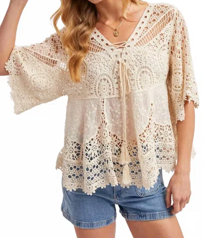 Bluivy Boho Sheer Crochet Lace Top With Tassels In Natural In Neutral