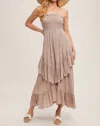 Bluivy Boho Smocked Strapless Tiered Ruffle Midi Dress In Birch In Grey