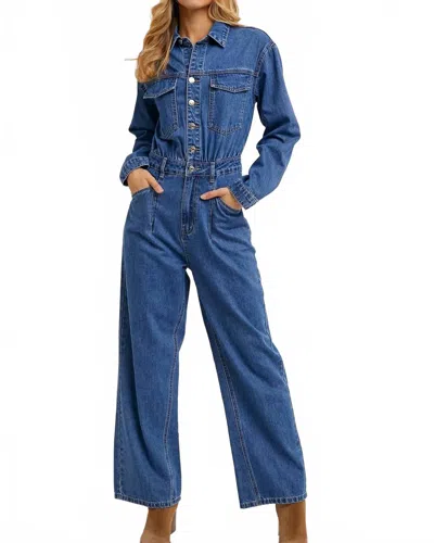 Bluivy Button Down Denim Straight Leg Jumpsuit In Medium Wash In Blue
