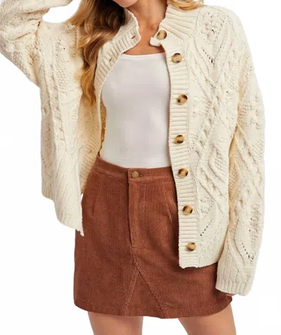 Bluivy Button Down Mock Neck Cable Knit Sweater Cardigan In Ecru In Multi