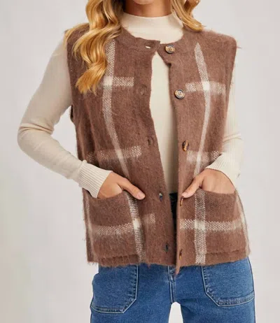 Bluivy Button Down Plaid Knit Sweater Vest In Mocha In Brown