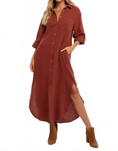 BLUIVY BUTTON FRONT MAXI SHIRT DRESS IN BRICK
