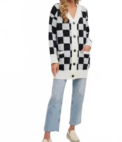 Bluivy Checkered Sweater Cardigan In Ivory/black