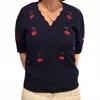 Bluivy Cherry Embroidered Knit Top In Navy In Black