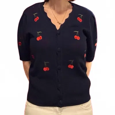 Bluivy Cherry Embroidered Knit Top In Navy In Black