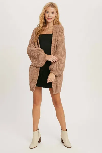 Bluivy Chunky Cable Lantern Sleeve Cardigan In Mushroom In Brown