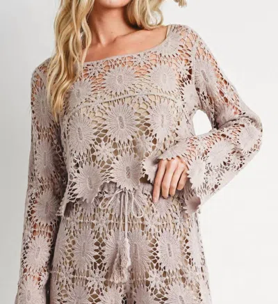 Bluivy Crochet Cropped Long Sleeve Top In Birch In Grey
