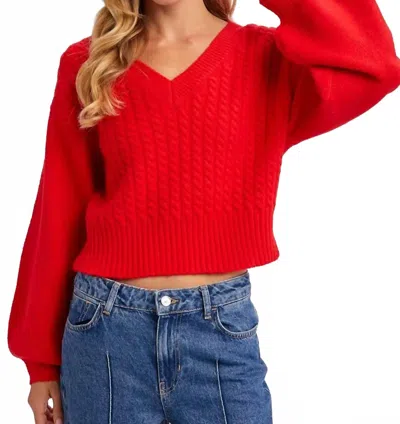 Bluivy Cropped V-neck Cable Knit Sweater In Ruby In Red