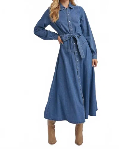 Bluivy Denim Button Down Belted Shirt A-line Maxi Dress In Medium Blue