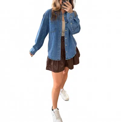 Bluivy Denim Button Down Oversized Shirts In Medium Wash In Blue