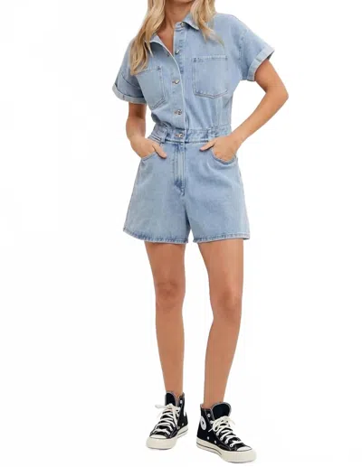 Bluivy Denim Button Down Shirt Romper In Blue