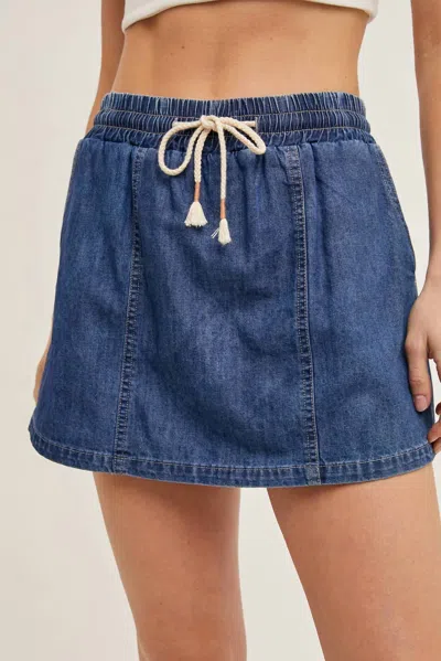Bluivy Denim Drawstring Skort With Pockets In Dark Wash In Blue