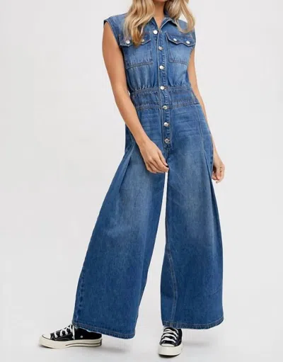 Bluivy Denim Sleeveless Shirt Jumpsuit In Medium Wash In Multi