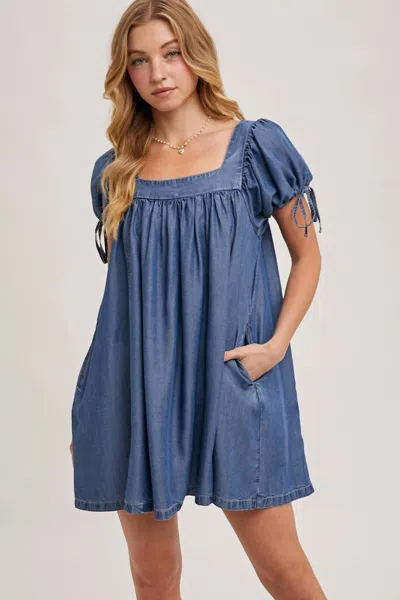 Bluivy Denim Square Neck Babydoll Dress With Pockets In Medium Wash In Blue