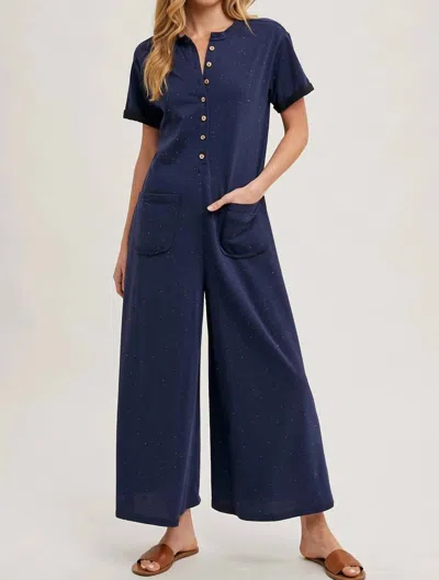 Bluivy Dot Half Button Wide Leg Jumpsuit With Pockets In Navy