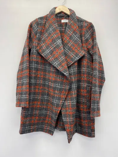 Bluivy Drape Front Plaid Coat In Rust In Grey