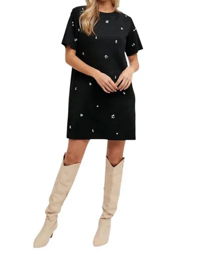 Bluivy Elle Rhinestone Embellished Suede Shift Mini Dress In Black