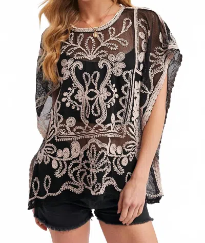 Bluivy Embroidered Mesh Crochet Top In Black/natural In Multi
