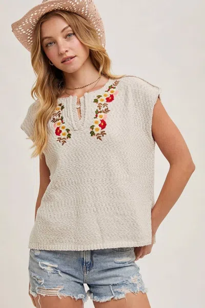 Bluivy Embroidered Notch Neck Knit Top In Ecru In Neutral
