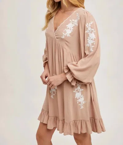 Bluivy Embroidered V-neck Ruffled Dress In Beige