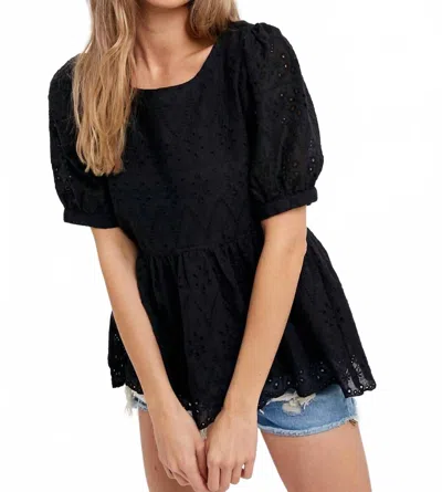 Bluivy Eyelet Lace Puff Sleeve Peplum Top In Black