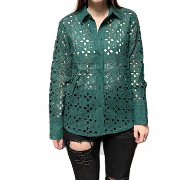 Bluivy Eyelet Long Sleeve Button Down Top In Green