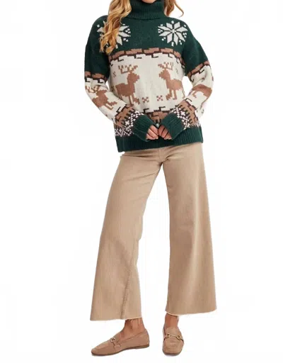 Bluivy Fair Isle Turtle Neck Reindeer Knit Sweater In Green/ Cream