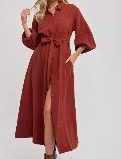 Bluivy Finley Bubble Sleeve Belted Shirts Midi Dress In Red