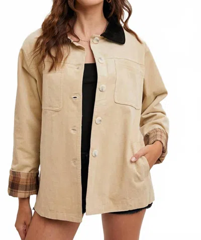 Bluivy Inner Plaid Corduroy Button Down Barn Coat In Beige