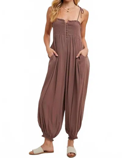 Bluivy Isadora Smocked Button Front Jumpsuit In Brown