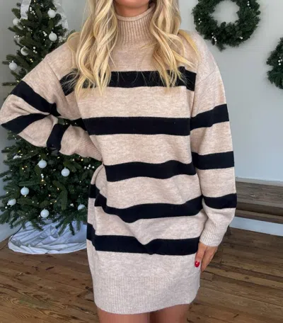 Bluivy Kelly Mockneck Striped Sweater Dress In Beige/black In Multi